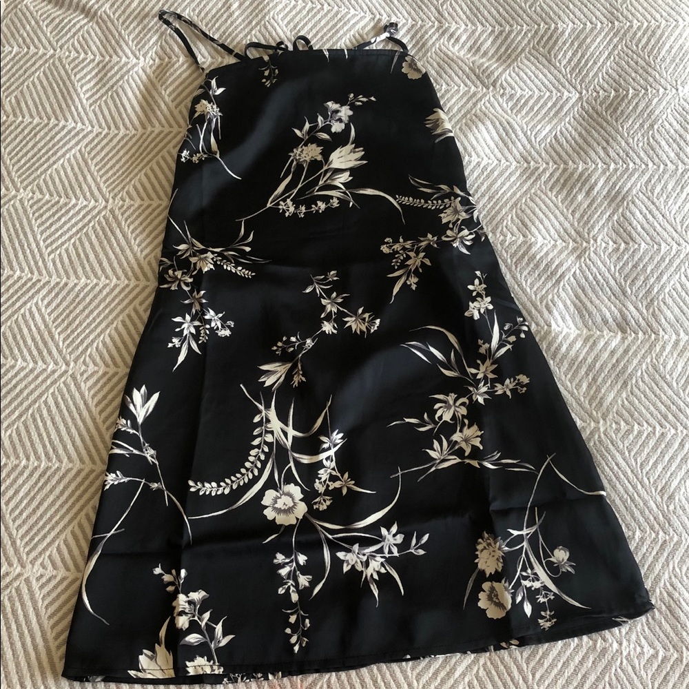 NEW Black Floral Satin Lace-Up Mini Dress